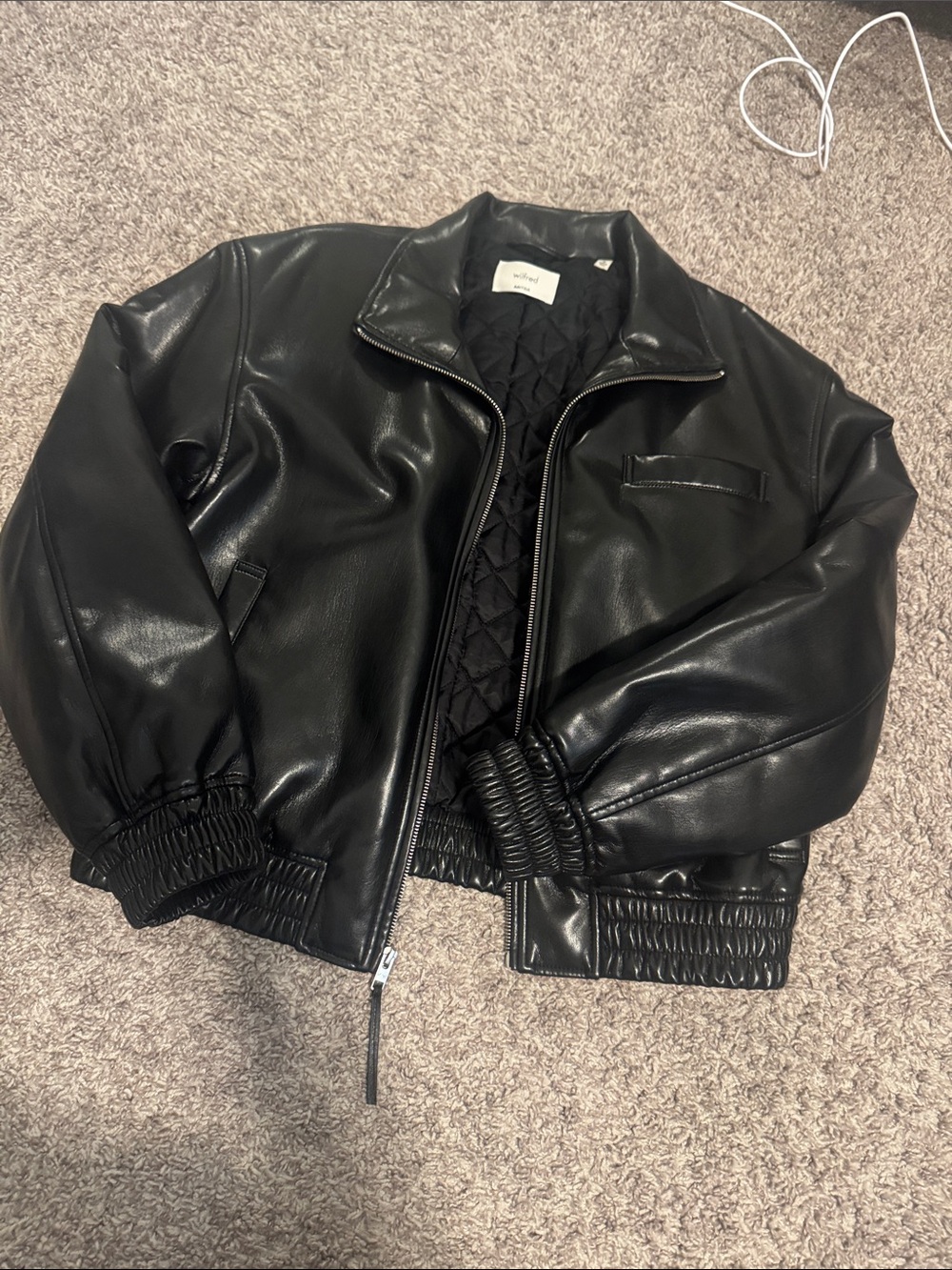 Aritzia Black Faux Leather Quilted-Liner Bomber Jacket